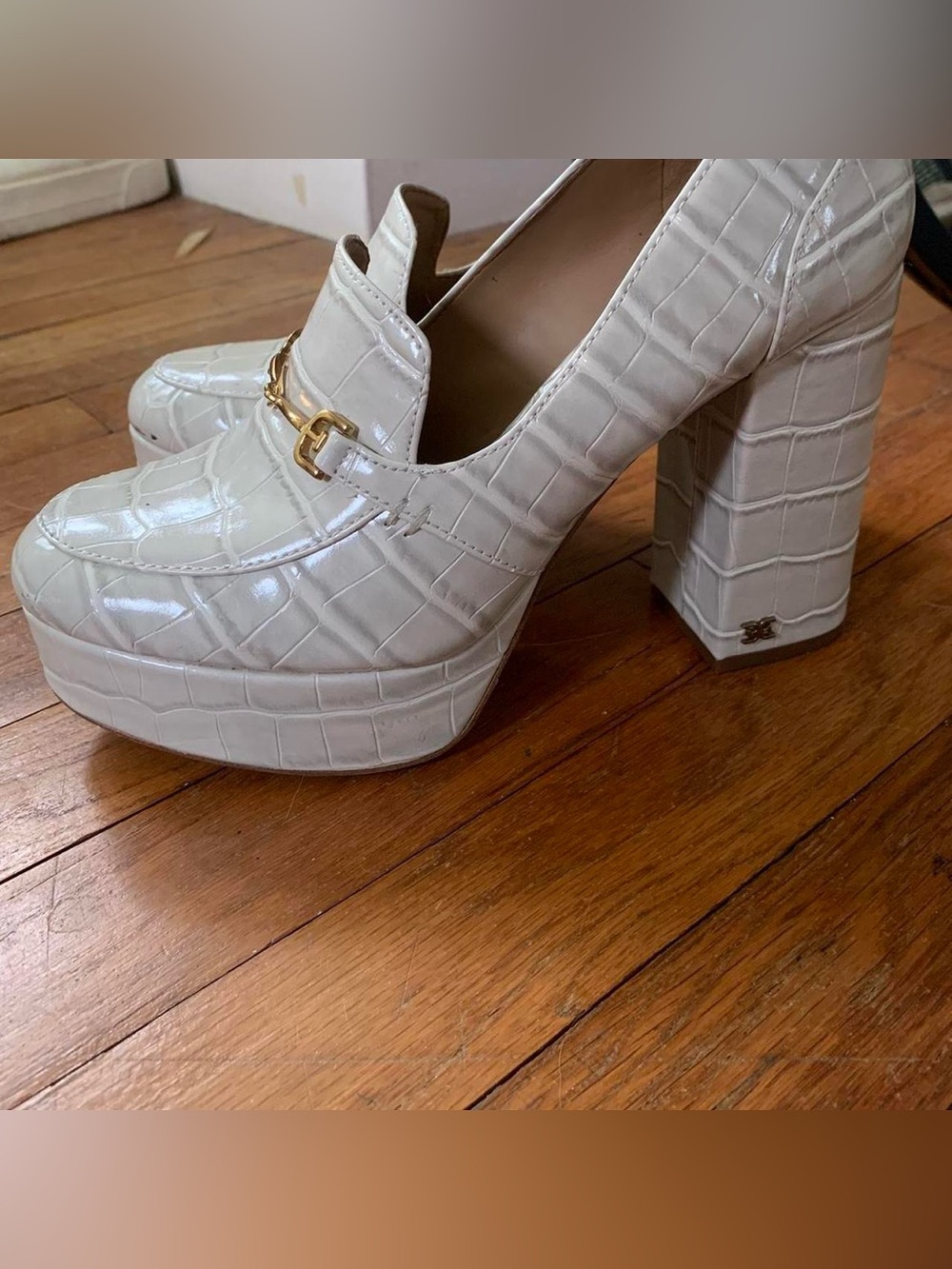 Sam Edelman Aretha Platform White CrocEmbossed Platform Heels with Gold Horsebit - Picture 2 of 4